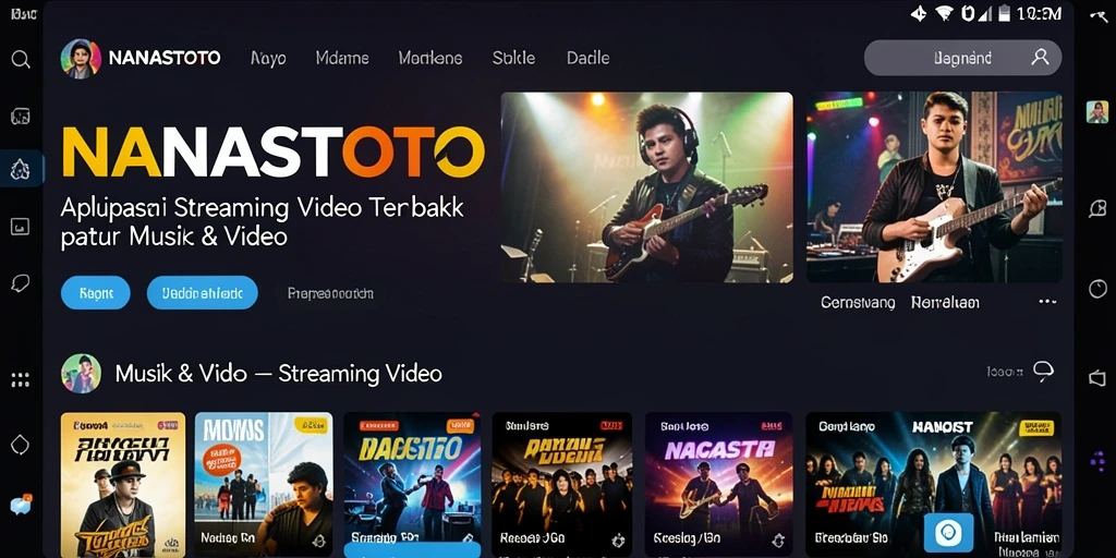 Screenshot utama aplikasi NANASTOTO menampilkan antarmuka streaming video yang menarik.